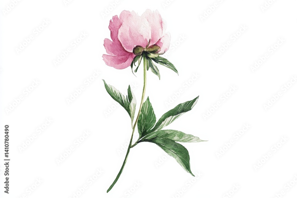 Delicate watercolor illustration of a single pink peony. Delicate watercolor illustration of a single pink peony.