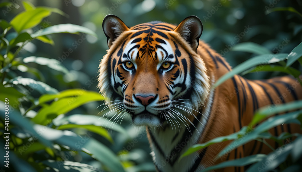 Fototapeta premium Majestic Bengal tiger with striking black stripes peering through lush green foliage, its intense gaze directed forward.