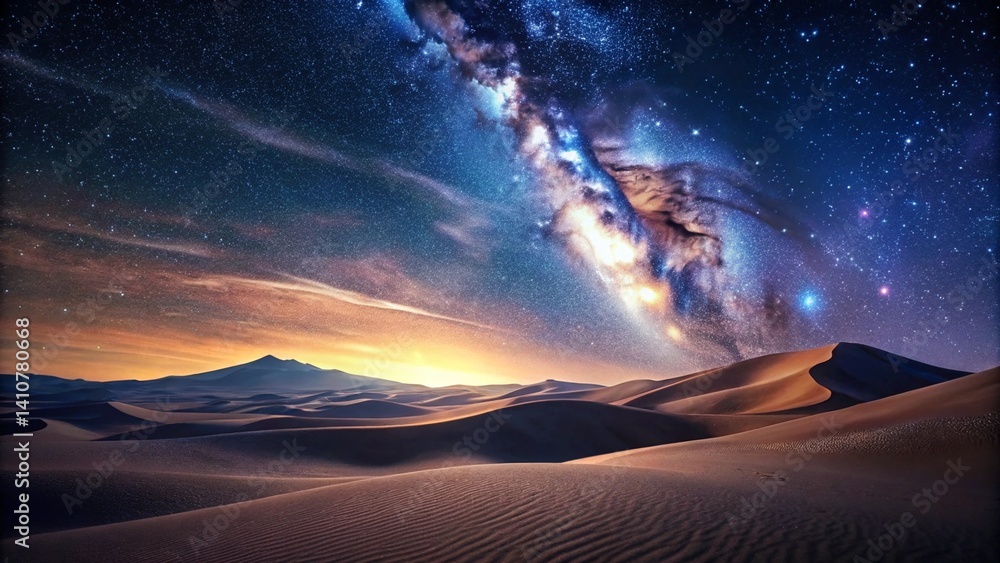 A vast desert landscape with rolling sand dunes under a sky full of bright stars and the Milky Way A vast desert landscape with rolling sand dunes under a sky full of bright stars and the Milky Way
