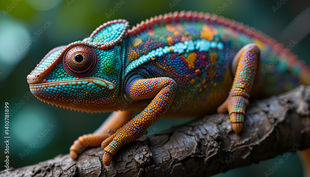 Obraz premium Vibrant chameleon with multicolored skin perched on a textured branch against a blurred green and yellow background.
