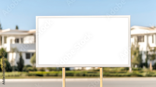 Wallpaper Mural Blank real estate sign on sunny day. White canvas with space for advertisement. Awaiting buyer on residential street. Minimalist and modern. Torontodigital.ca