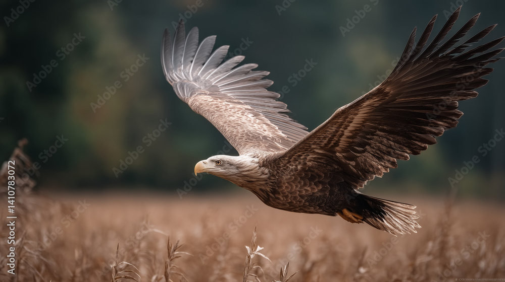 Fototapeta premium Hawk in Mid-Flight Above Wheat Crops