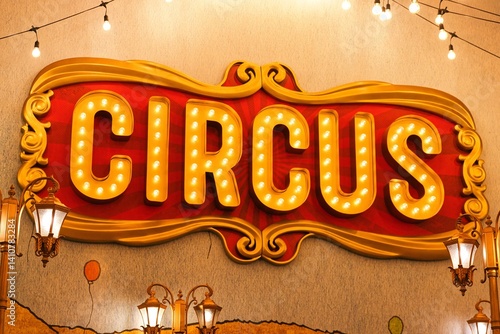 A circus sign illuminated by bulbs