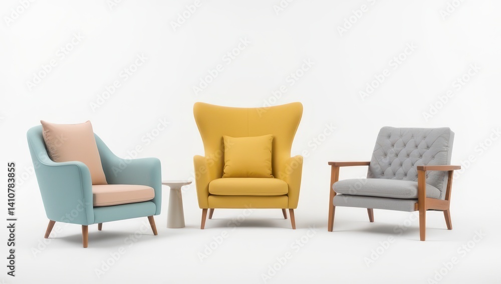 Fototapeta premium Modern Armchairs Set, Pastel and Mustard Yellow Upholstery