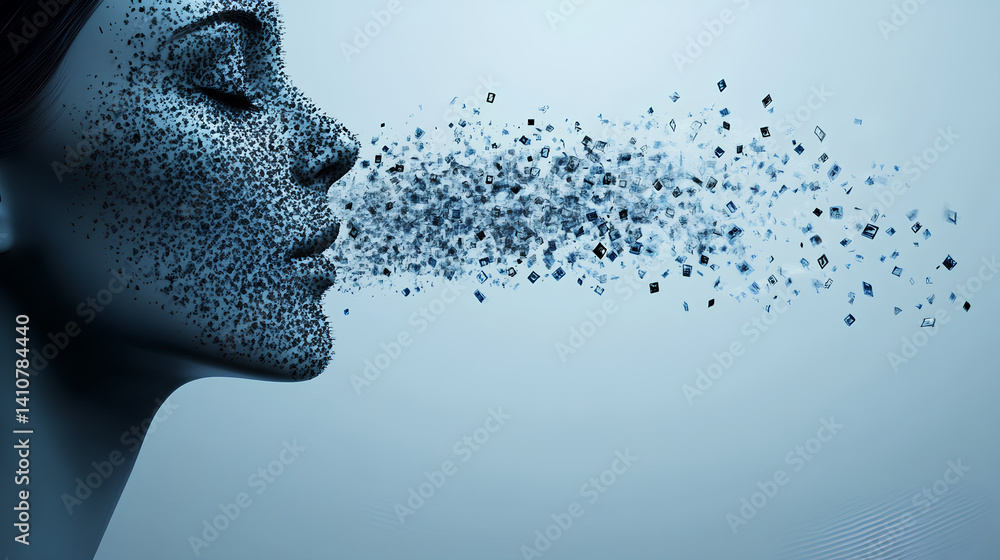 A side profile of a face, with the subject blowing away small particles from their nose. A side profile of a face, with the subject blowing away small particles from their nose.