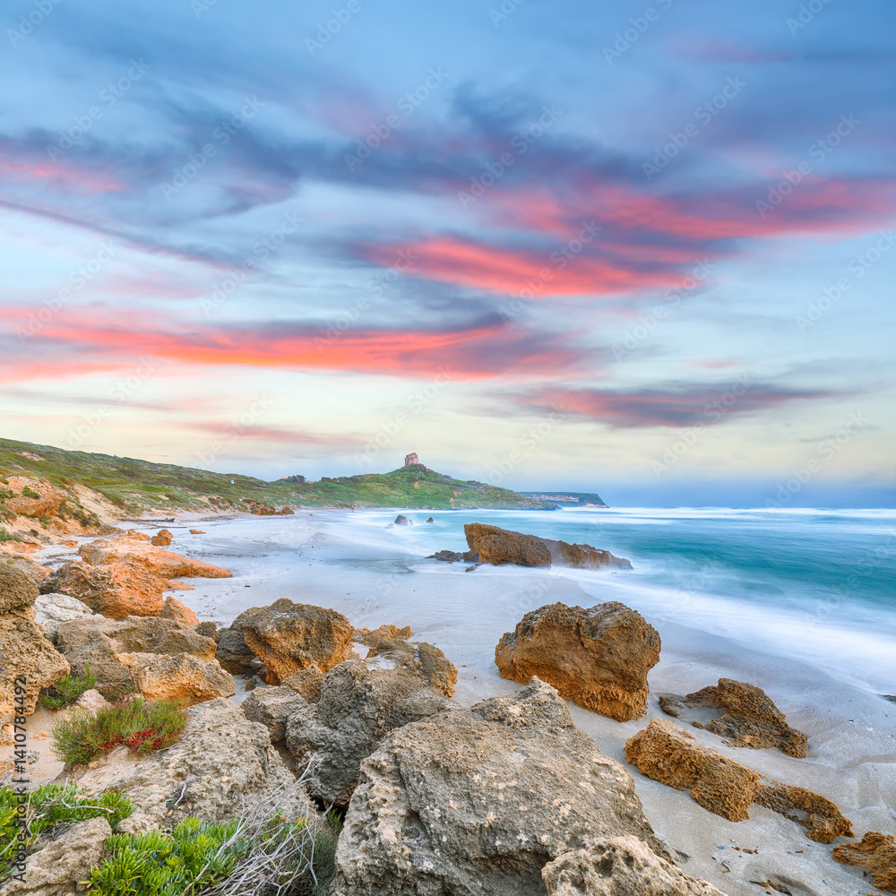 Attractive view of Capo San Marco Lighthouse on Del Sinis peninsula.