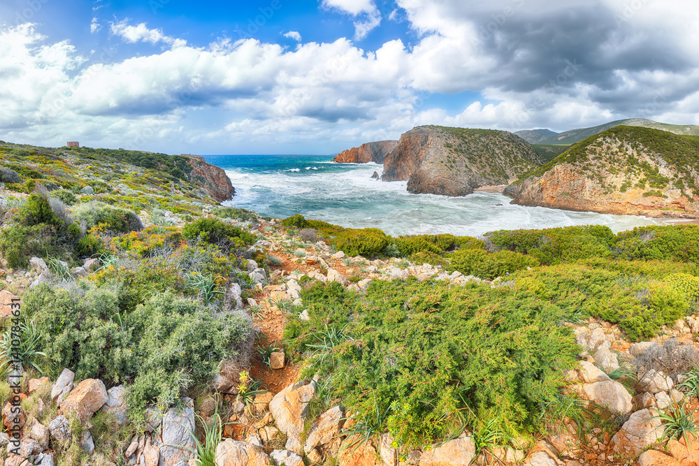 Unbelivable view of cliffs in valley Cala Domestica and storm on the sea