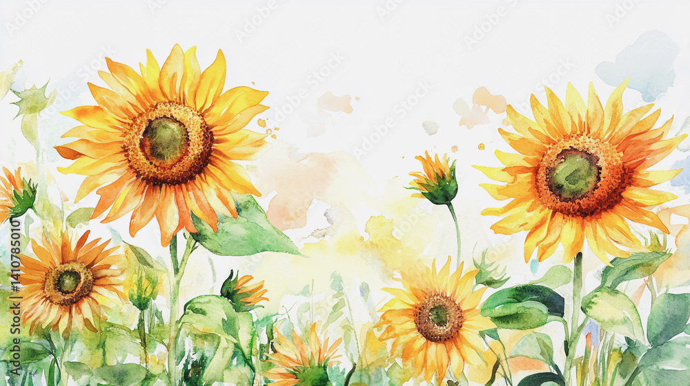 Obraz premium watercolor botanical Sunflower flowers texture template background.Elegant wedding invitation card background . Minimal hand painted Design for wedding or Valentine's Day