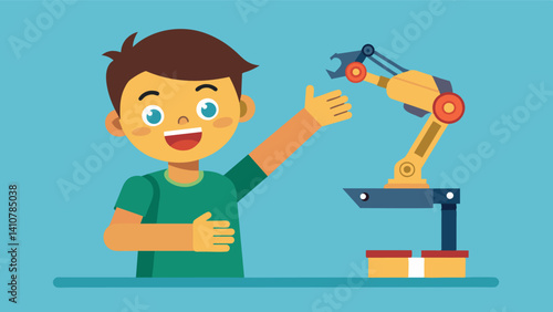 A child excitedly describing his latest creation a fully functioning robot arm designed and assembled using 3D modeling software and a 3D printer.. Vector illustration