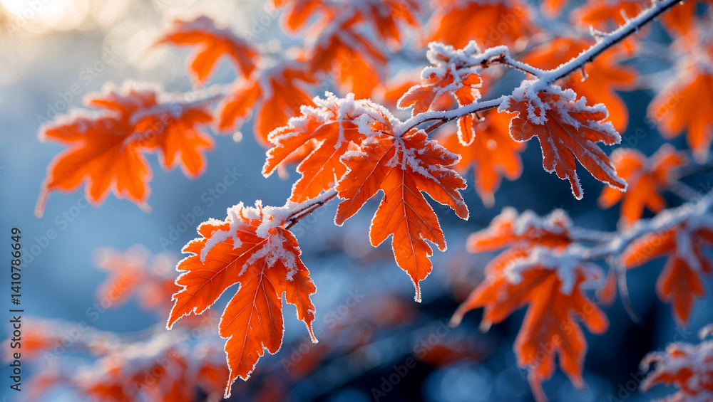 Vibrant orange oak leaves glimmering with hoarfrost Vibrant orange oak leaves glimmering with hoarfrost