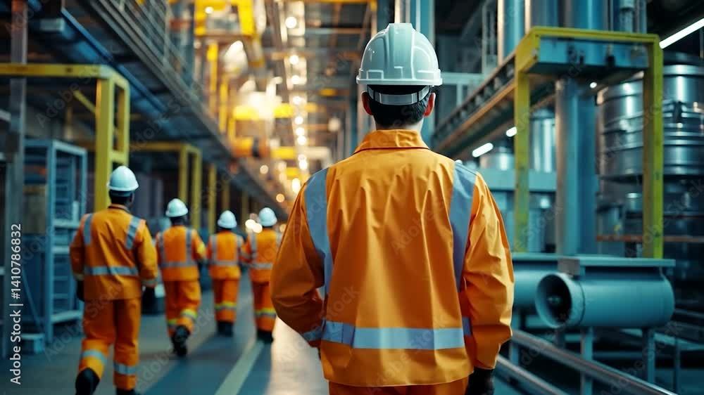 Industrial workers walking in a large factory Industrial workers walking in a large factory
