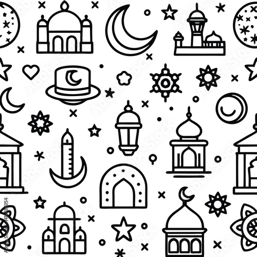 Islamic Pattern with Mosque, Crescent Moon, and Lantern Designs