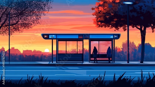 Peaceful Urban Bus Stop at Sunset with Vibrant Orange and Blue Colors