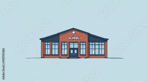 Flat Illustration of a Small Brick School Building on Blue Background