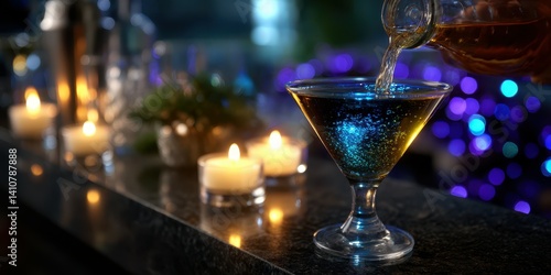 Wallpaper Mural Cocktail preparation at a dimly lit bar with glowing candles and colorful drink Torontodigital.ca