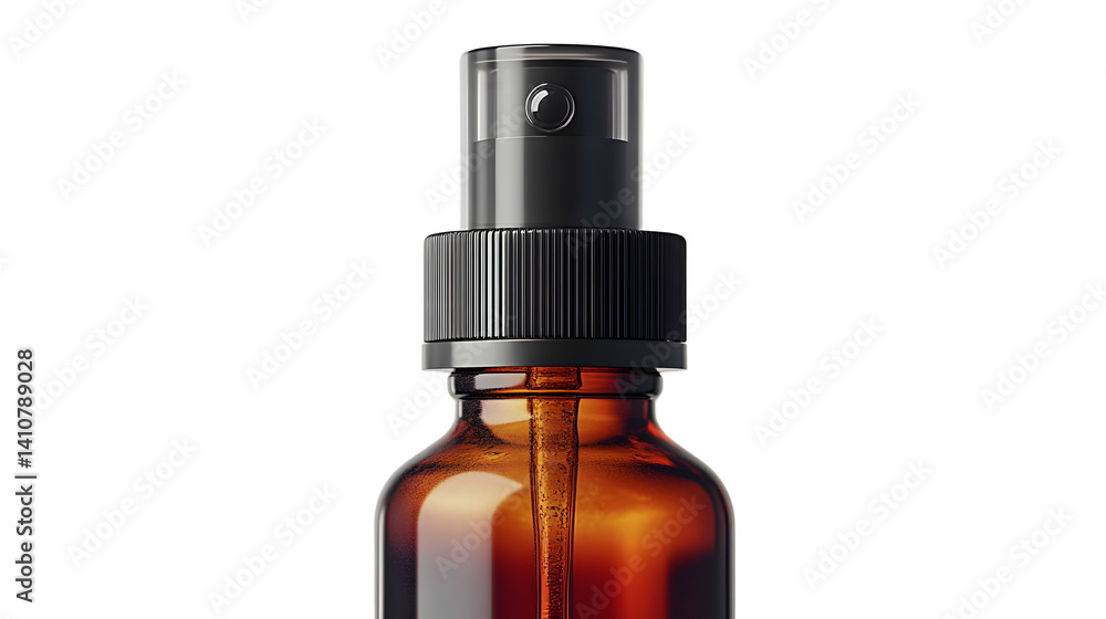 Amber Glass Bottle with Black Spray Cap on Dark Background Perfume Essential Oils Cosmetics Amber Glass Bottle with Black Spray Cap on Dark Background Perfume Essential Oils Cosmetics