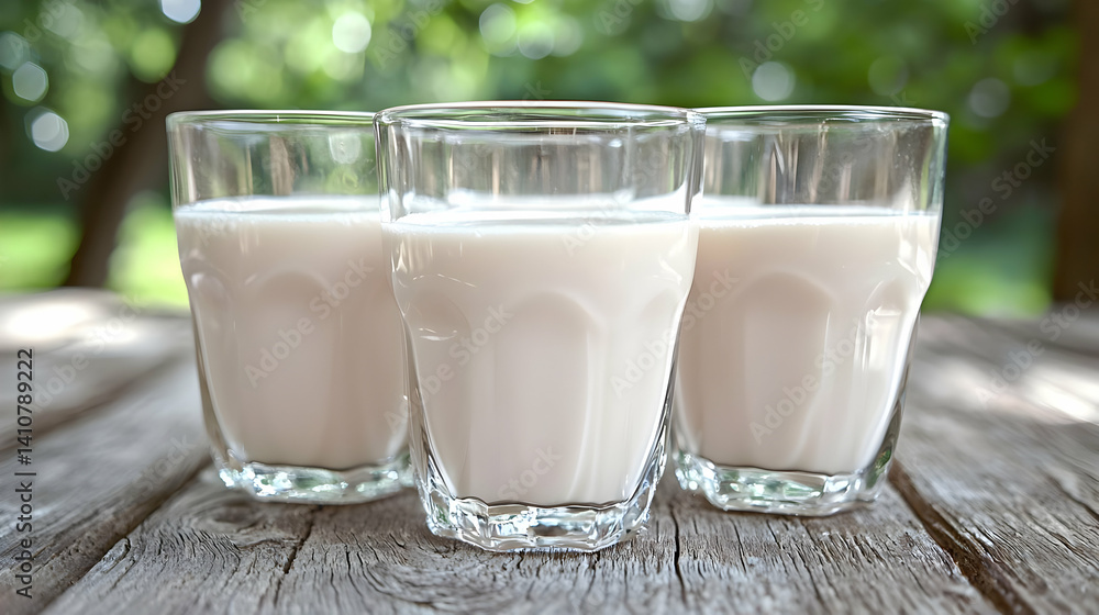 Three Glasses Of Milk On Wooden Table Three Glasses Of Milk On Wooden Table