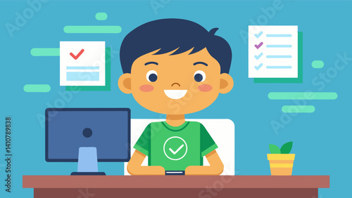 A child sitting in front of a computer grinning widely as they successfully complete a difficult coding challenge on their educational software program.. Vector illustration