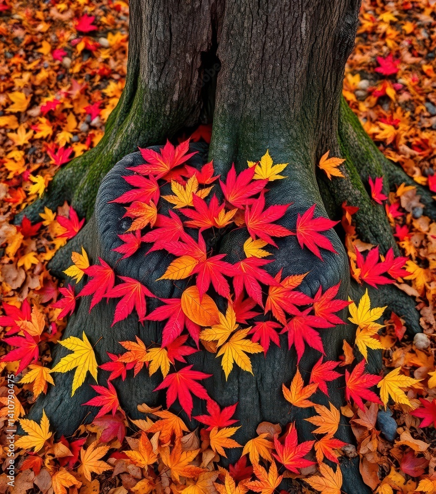 Vibrant maple leaves strewn around a weathered tree stump, autumn forest floor, leaves, scattered, crimson Vibrant maple leaves strewn around a weathered tree stump, autumn forest floor, leaves, scattered, crimson