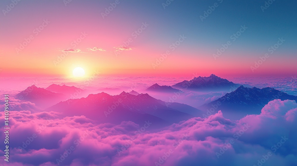 Fototapeta premium Mountain peaks pierce pink clouds under sunset's glow. Vibrant, dreamlike