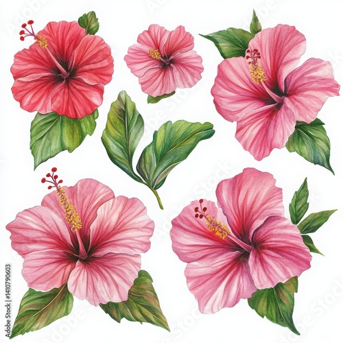 Wallpaper Mural Hibiscus flowers watercolor painting on white background Torontodigital.ca