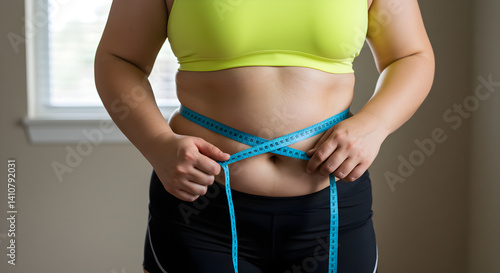 Overweight woman measuring her waistline with tape measure. checking fitness progress and weight loss goals. Belly and abdominal abs press during weight loss. Sports motivation. Healthy lifestyle