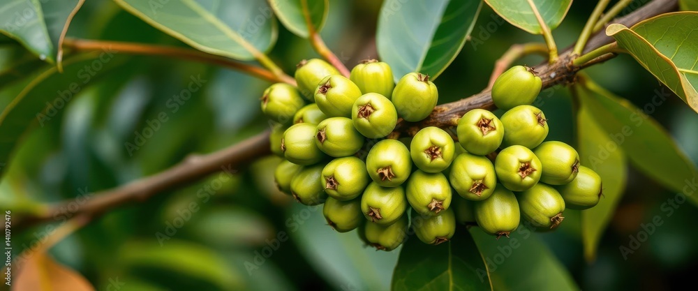 Vibrant green coffee berries cluster on a branch, sustainable, red, crop Vibrant green coffee berries cluster on a branch, sustainable, red, crop