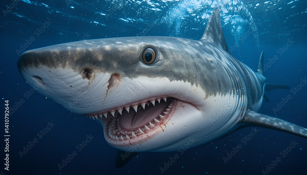 Fototapeta premium Great white shark swimming underwater with its mouth slightly open, revealing rows of sharp teeth in the deep blue ocean.