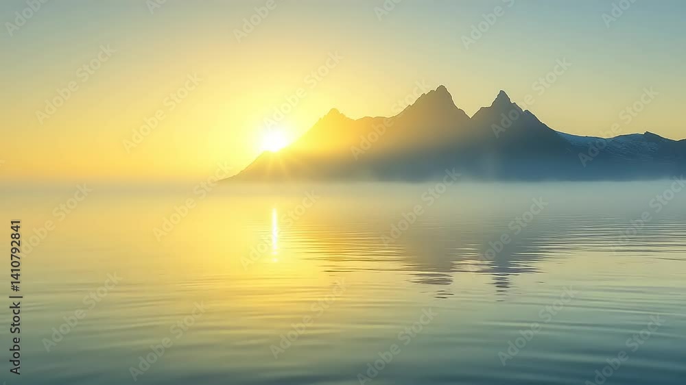 Sunrise over mountains and still water, peaceful scene Sunrise over mountains and still water, peaceful scene