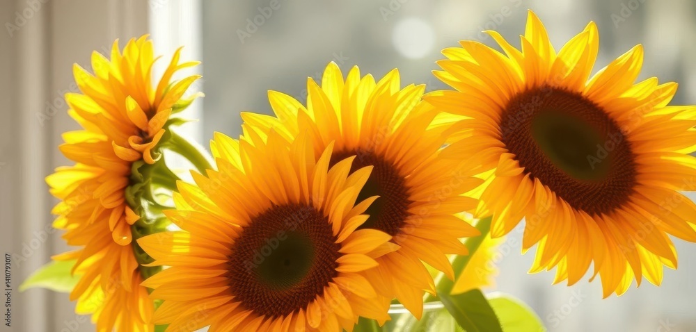 Fototapeta premium Vibrant yellow sunflowers burst from a clear glass vase, bathed in sunlight, arrangement, stock photo, image