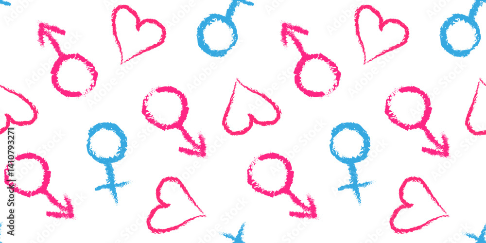 gender heart signs pattern seamless vector design male female love symbols brush pen marker chalk drawn elements on white background gender heart signs pattern seamless vector design male female love symbols brush pen marker chalk drawn elements on white background