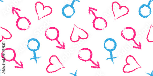 gender heart signs pattern seamless vector design male female love symbols brush pen marker chalk drawn elements on white background