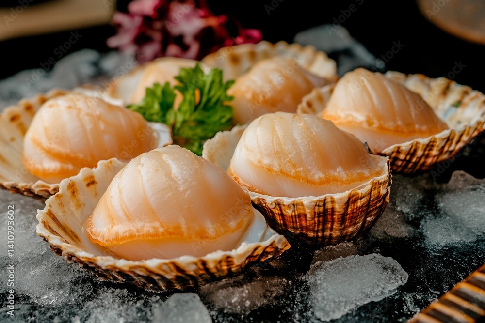 Fresh scallops are elegantly displayed in their shells on a bed of crushed ice, accompanied by decorative green leaves. This presentation highlights the freshness of the seafood Fresh scallops are elegantly displayed in their shells on a bed of crushed ice, accompanied by decorative green leaves. This presentation highlights the freshness of the seafood