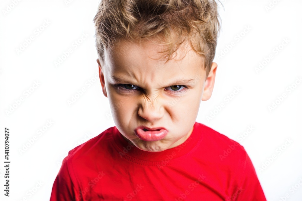 Angry child wearing red shirt against white background expressing frustration Angry child wearing red shirt against white background expressing frustration