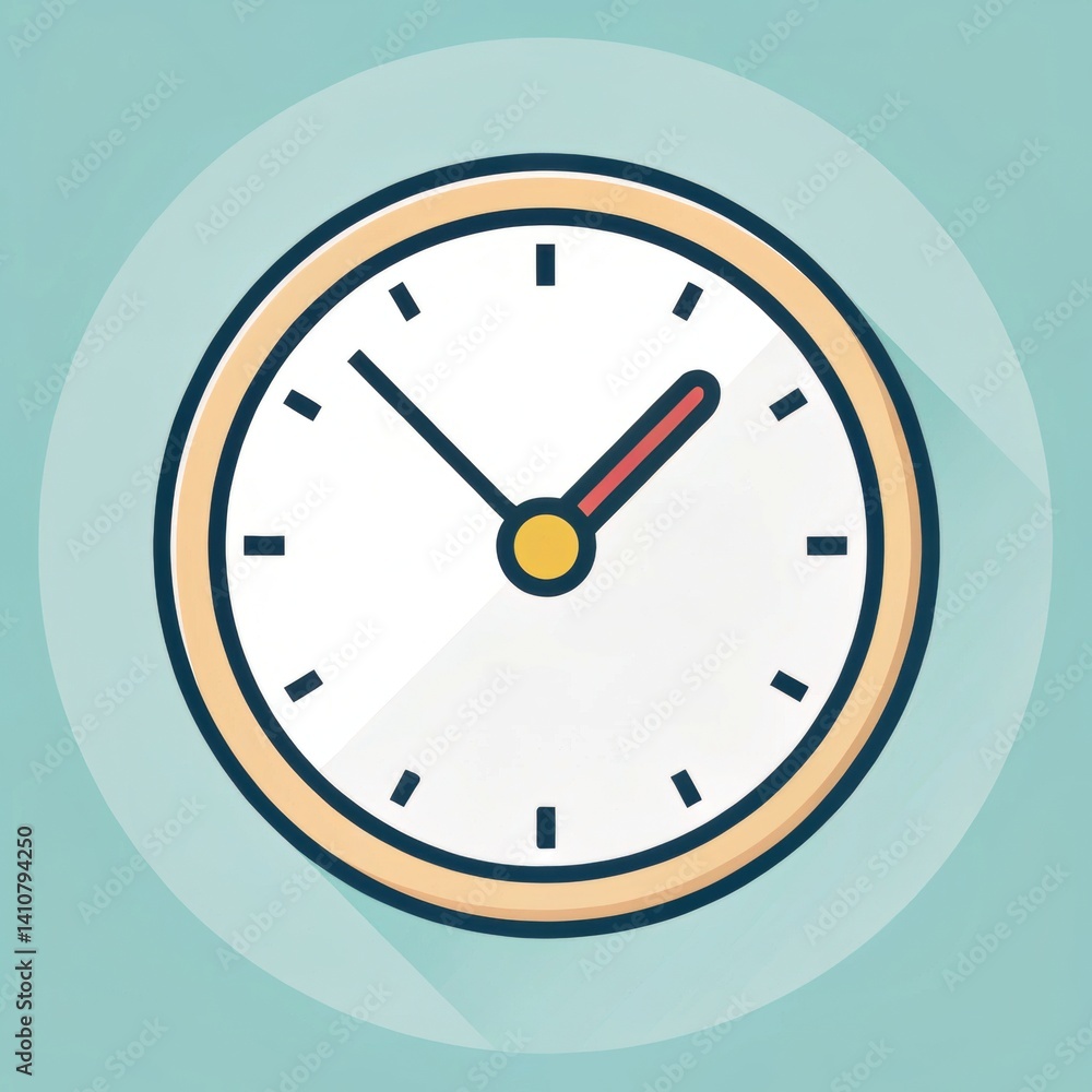 Minimalist round clock with gold trim on teal background illustrating time concept Minimalist round clock with gold trim on teal background illustrating time concept