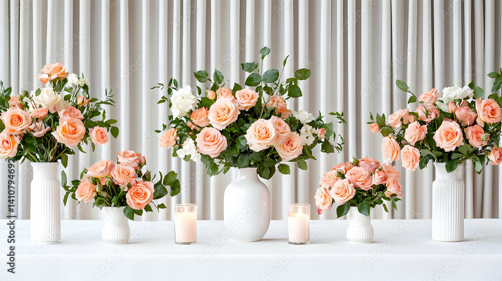 Fototapeta premium Peachy Orange And Cream Roses In White Vases