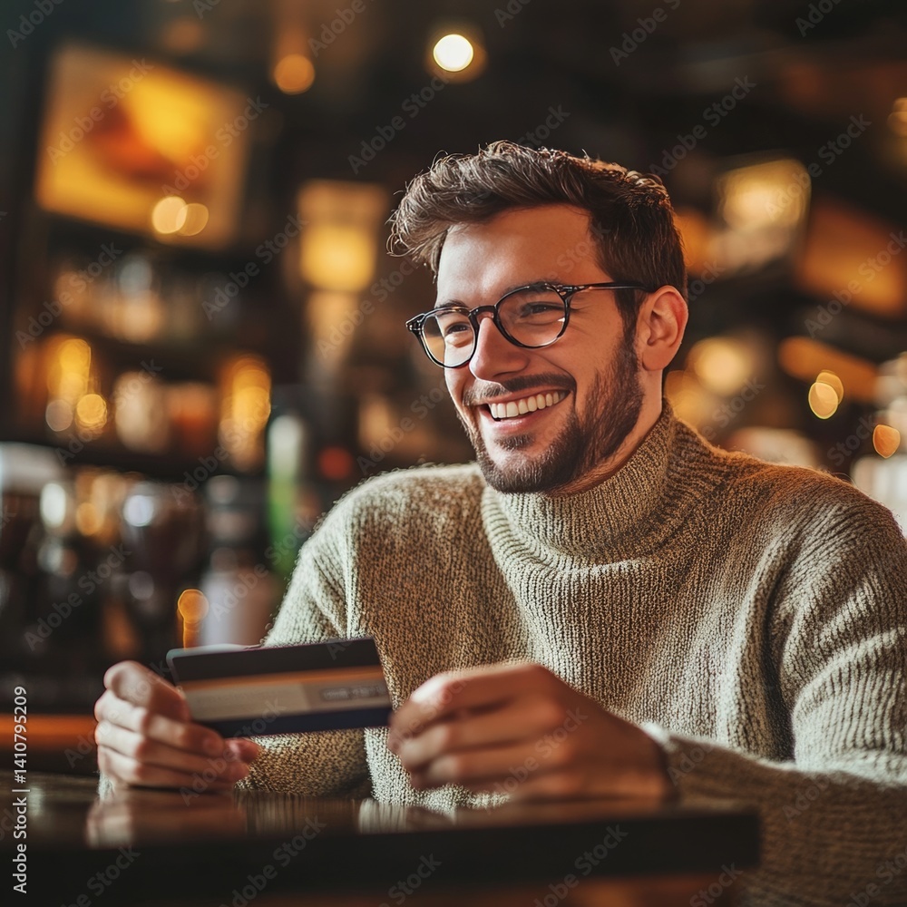 Cafe: happy man uses credit card.