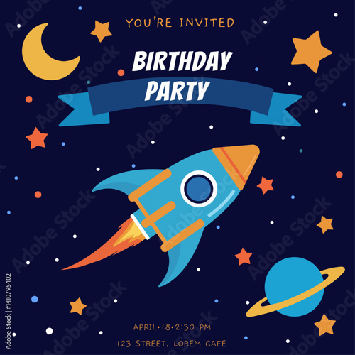 birthday invitation:  space, rocket.