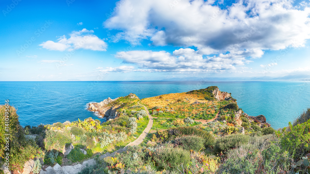 Scenic spring view on the the cape Milazzo panorama of nature reserve Piscina di Venere.