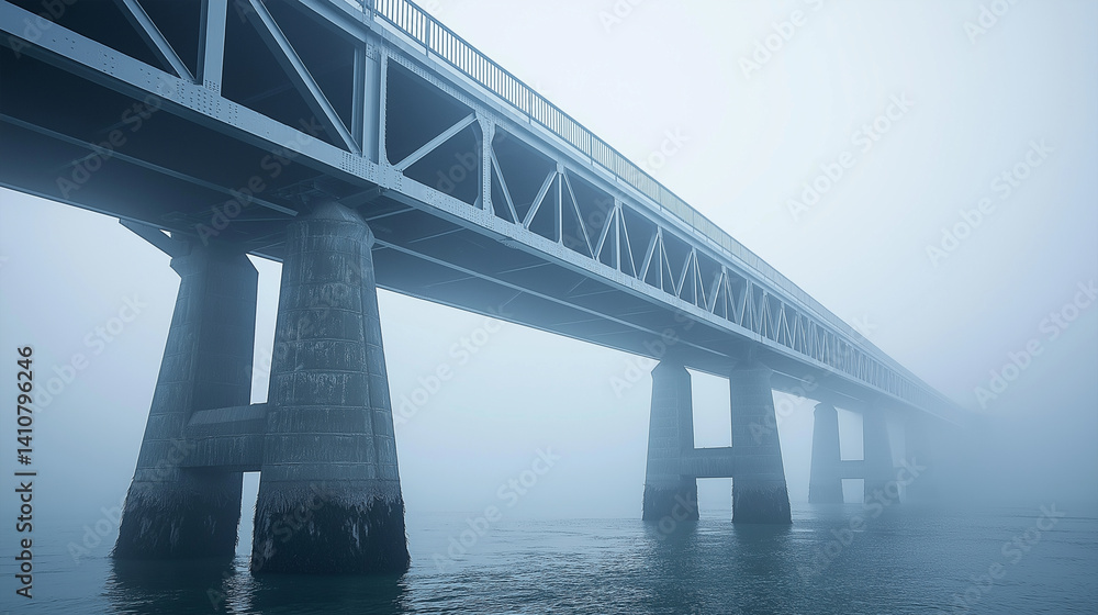 Naklejka premium Mystical Bridge in the Mist: A strong and enduring bridge stretches into the misty horizon, its structure a testament to human ingenuity. This image evokes a sense of mystery and anticipation.