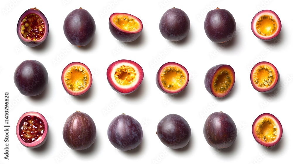 Passion fruit with whole halved, and white. Passion fruit with whole halved, and white.
