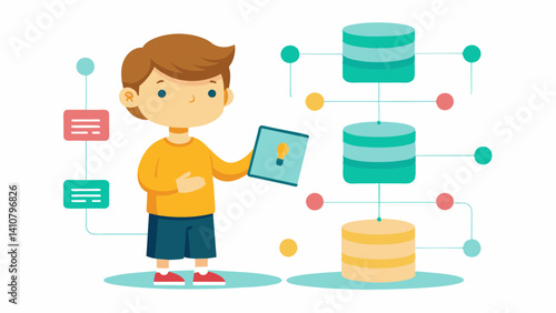 A little boy using a whiteboard to map out the relationships between different tables in a database proudly showing off his new knowledge to his friends.. Vector illustration