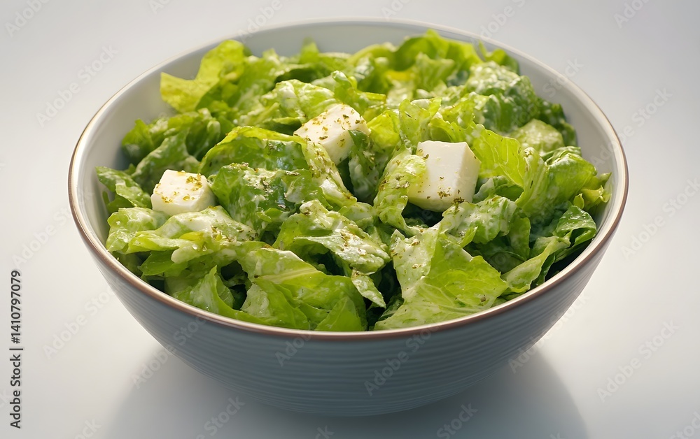 Fresh Green Salad with Feta Cheese Cubes in Bowl Fresh Green Salad with Feta Cheese Cubes in Bowl
