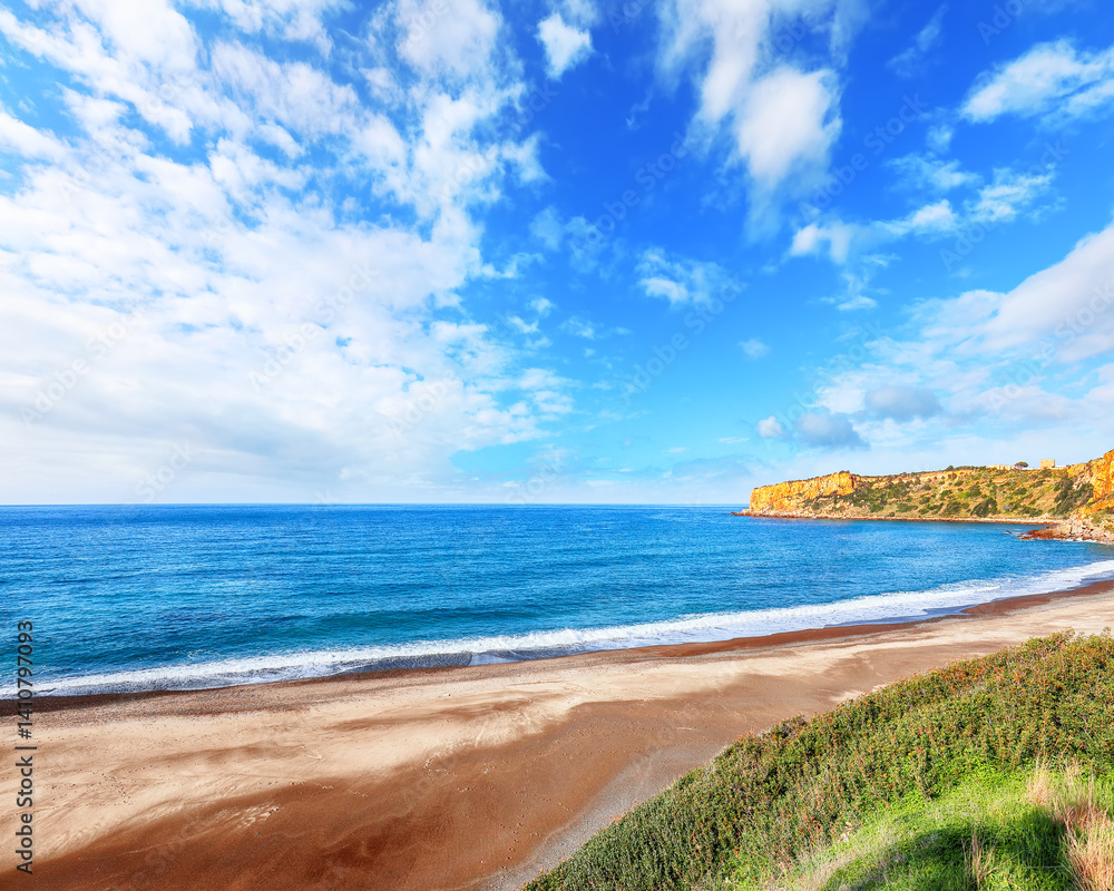 Amazing morning scene of Rais Gerbi cape and beach Torre Conca.