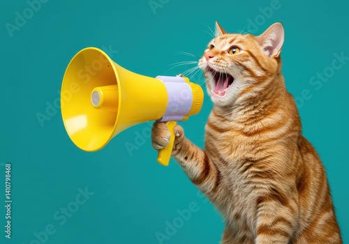 Orange tabby cat holding a yellow megaphone against a teal backdrop with mouth open and whiskers showing