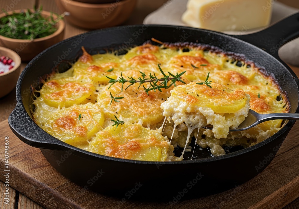 A skillet of scalloped potatoes with cheese and a spoon lifting a portion of the cheesy potatoes up A skillet of scalloped potatoes with cheese and a spoon lifting a portion of the cheesy potatoes up