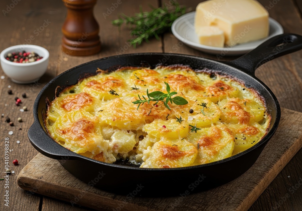 A skillet of scalloped potatoes with cheese and a spoon lifting a portion of the cheesy potatoes up A skillet of scalloped potatoes with cheese and a spoon lifting a portion of the cheesy potatoes up