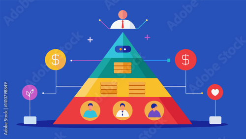 A pyramid chart showcases the breakdown of a users assets liabilities and net worth offering a visual representation of their overall financial health.. Vector illustration