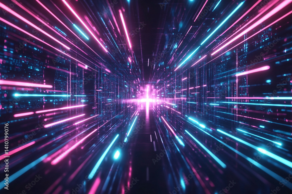 Dark tech background with bright neon lines creating cyberspace and virtual reality effect Dark tech background with bright neon lines creating cyberspace and virtual reality effect