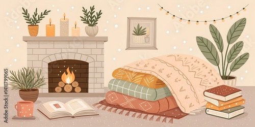 Wallpaper Mural Cozy living room with blankets, candles, and a warm fireplace for a relaxing winter evening Generative AI cozy, living, room, blankets, fireplace, candles, potted, plants, Torontodigital.ca
